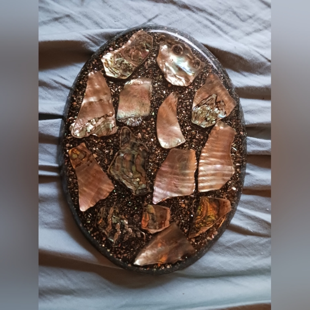 Vintage Abalone Shell Lucite Oval Footed Trivet Mid-Century Modern Seashell 1960